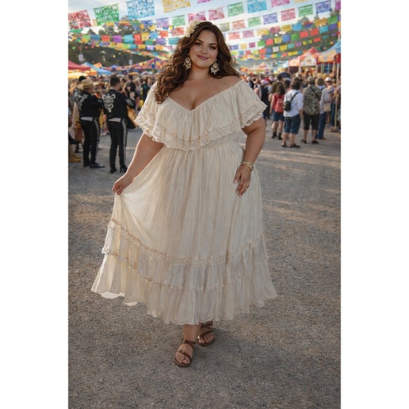 Vintage Dresses & Skirts - Vintage Mexican Off Shoulder Cotton Gauze Maxi Dress Ivory Lace Boho Plus Size